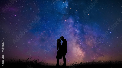 Romantic starry sky and couple human silhouettes photo