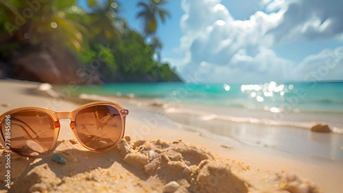 Wallpaper Mural Tropical beach with sea star on sand, summer holiday background. Travel and beach vacation, free space for text. Summer concept sunglasses,hat and shells sunlight shining 4k video Torontodigital.ca