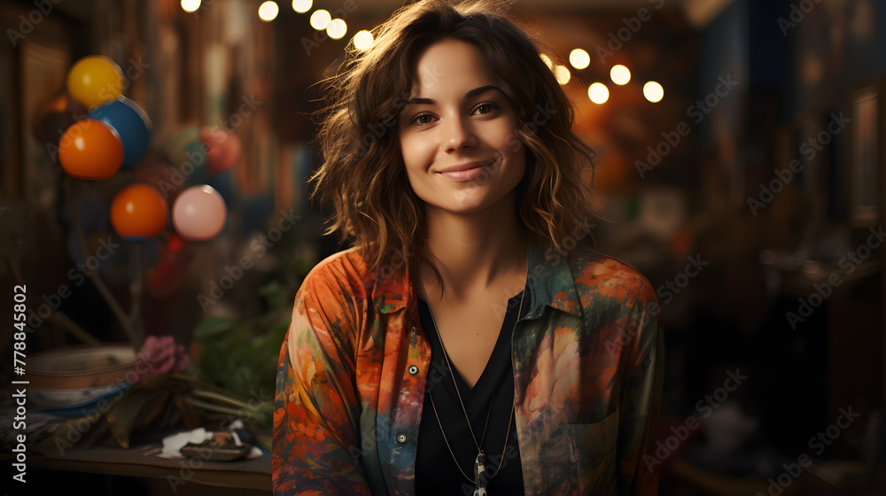 Artist exuding passion in colorful studio, joyful smile amidst vibrant canvases, full body shot. Artist exuding passion in colorful studio, joyful smile amidst vibrant canvases, full body shot.