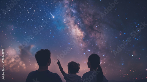 Romantic starry sky and family human silhouettes