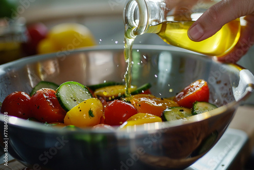 Fresh Greek salad preparation, colorful vegetables, olive oil. Healthy eating. Vitamin food