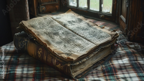 Vintage open book with handwritten text on a rustic wooden table by a window, evoking a historical or scholarly atmosphere.