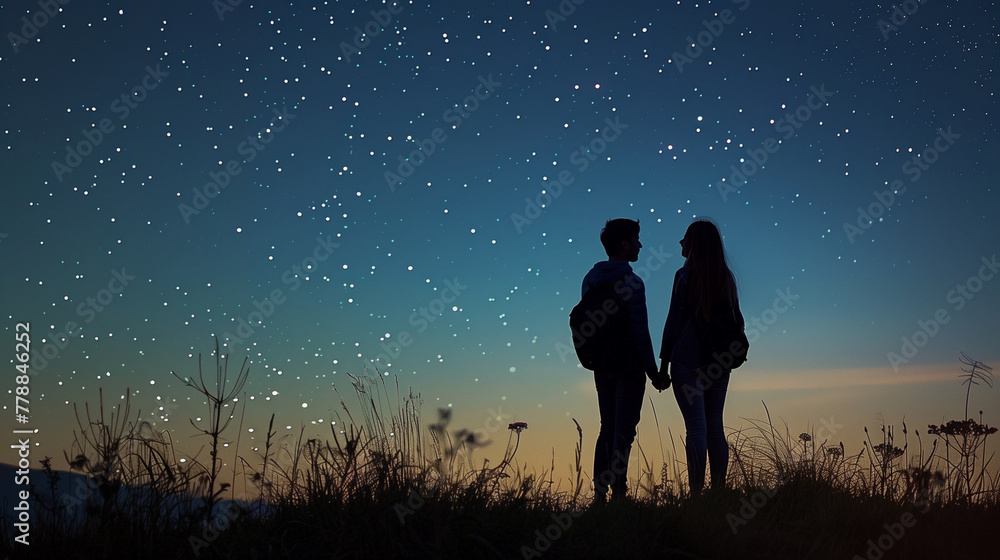 Romantic starry sky and couple human silhouettes Romantic starry sky and couple human silhouettes