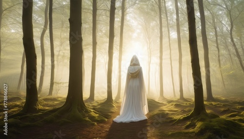 A mysterious figure shrouded in white glides through an enchanted forest, rays of light piercing the misty ambiance