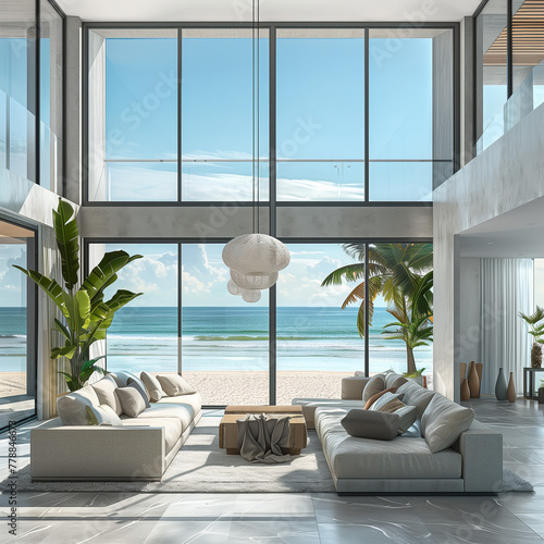 modern living room interior design of a modern beach house with a wide glass window and a sea view  © onairjiw