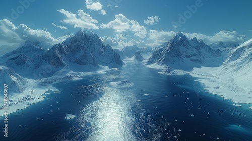  An artist's depiction of a snow-capped mountain range with a body of water encompassed by ice floes