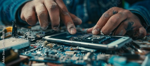 Close-Up of a Man Repairing an Open Smartphone photo