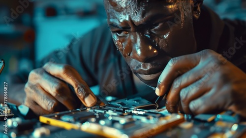 Close-Up of a Man Repairing an Open Smartphone photo