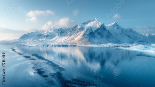  A snow-capped mountain range backs a serene body of water in the foreground