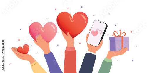 Hands holding a heart and giving love to people. Charity and donation hands with heart concept.