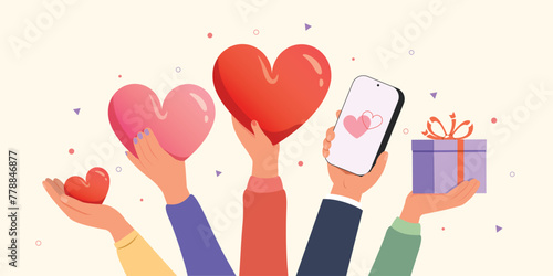 Hands holding a heart and giving love to people. Charity and donation hands with heart concept.