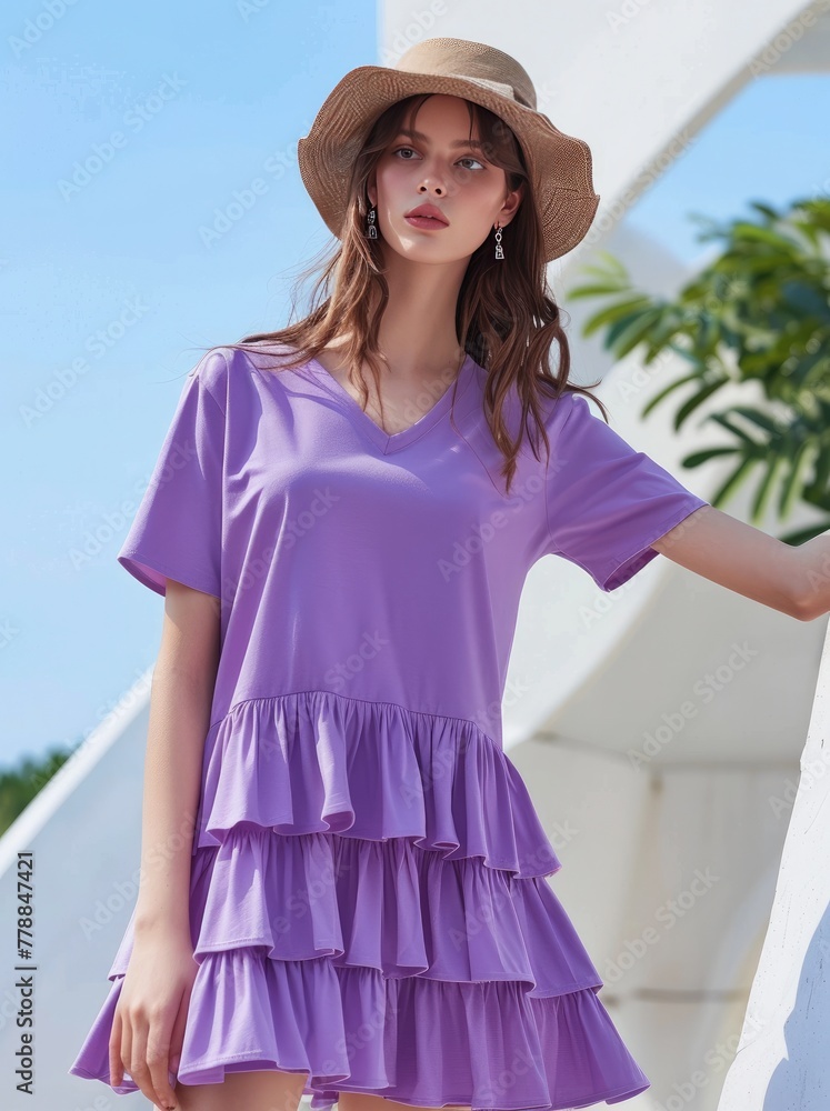 A girl wearing short sleeve purple casual loose summer dress.