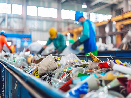 Sorting recyclables on a conveyor belt against the background of workers photo