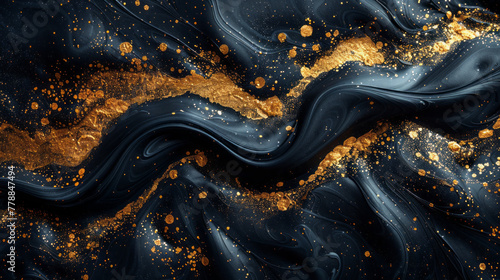 A luxurious glossy black background with a fluid, viscous texture reminiscent of thick oil or enamel, with swirls and swirls. Background. Texture. © Сергей Шипулин