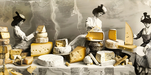 A collage with vintage photographs of cheese-making traditions in cheese production. photo