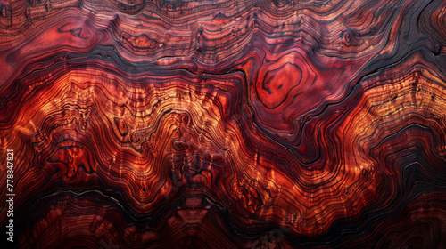A lavish dark mahogany wood grain, polished to a high shine, with deep, rich tones and complex swirling patterns photo