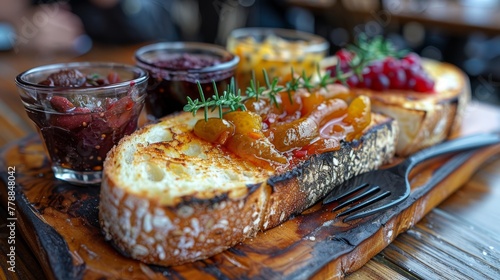  A close-up photo of a slice of bread with fresh fruit and a fork placed beside a glass of strawberry jam