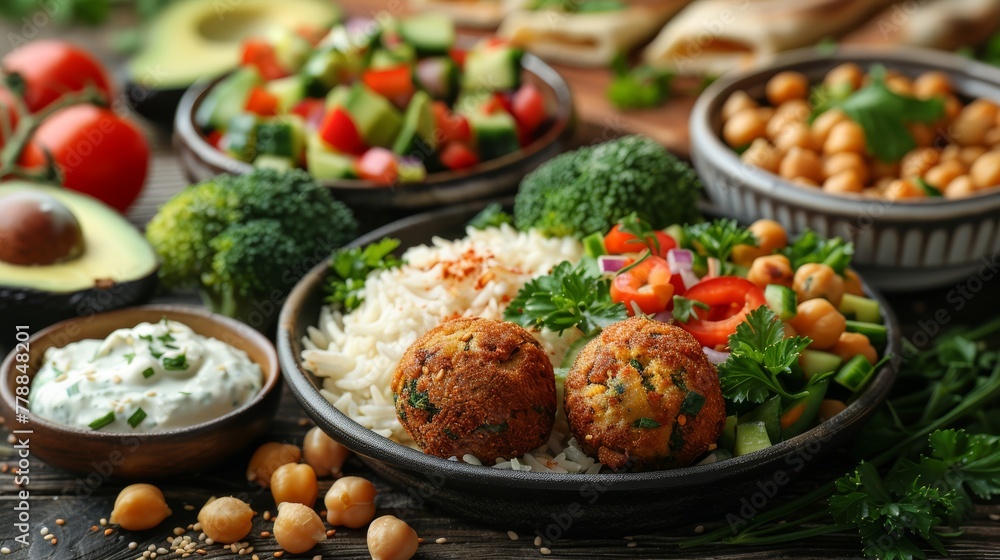  A close-up of a plate of diverse food including broccoli, carrots, and chickpeas