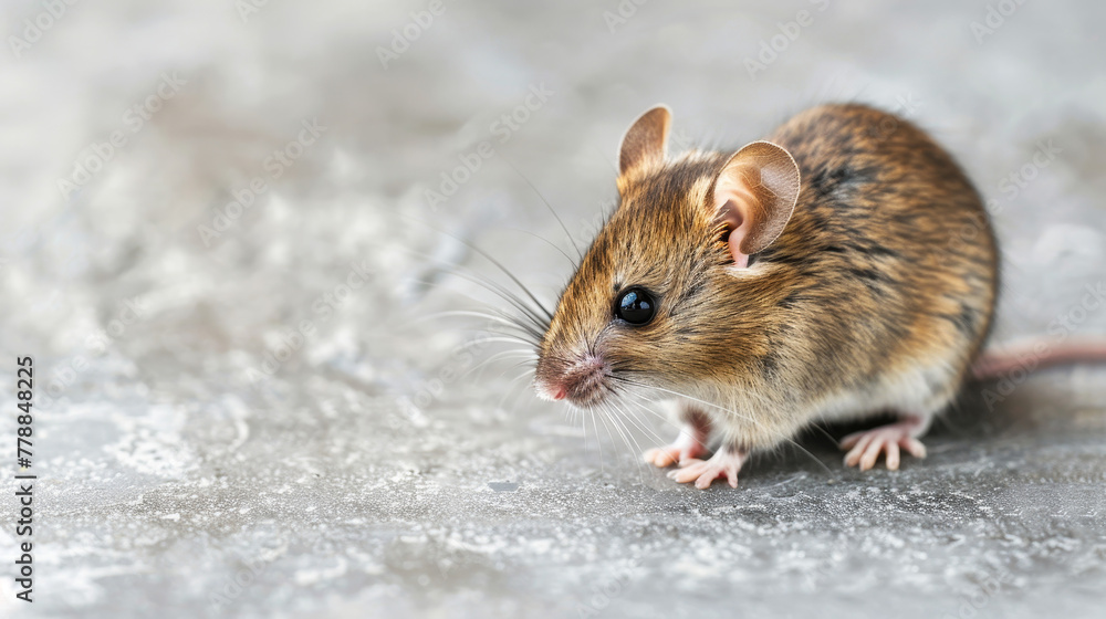 Close-up of a small, cute mouse on a textured grey floor background background. Close-up of a small, cute mouse on a textured grey floor background background.