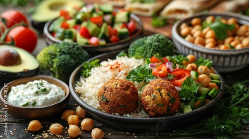  A close-up of a plate of diverse food including broccoli, carrots, and chickpeas