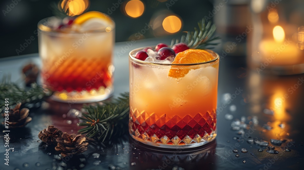   A close-up of an orange slice and pine cone on a glass rim - obrazy, fototapety, plakaty 