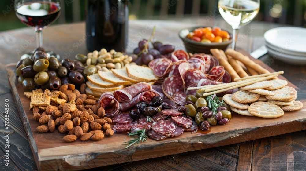 Antipasto platter with salami, olives and crackers