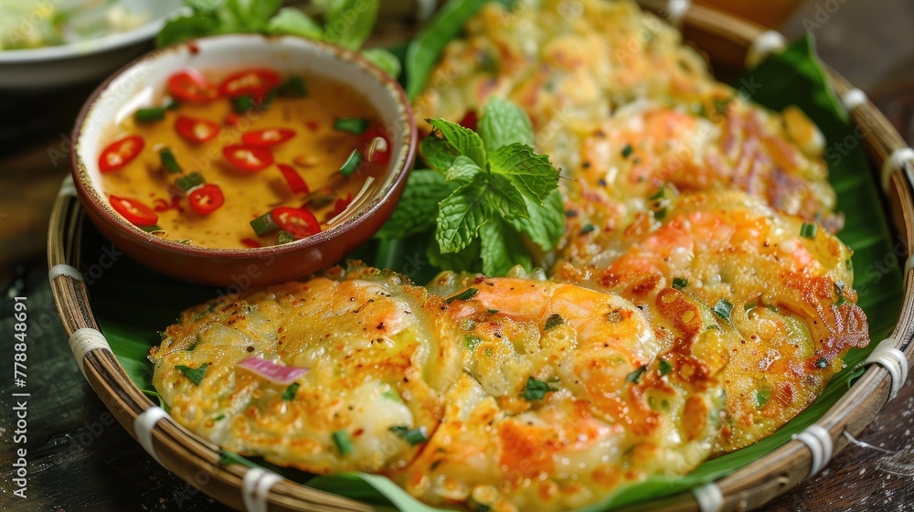 Thai style fried shrimp with sweet and sour sauce in bamboo basket