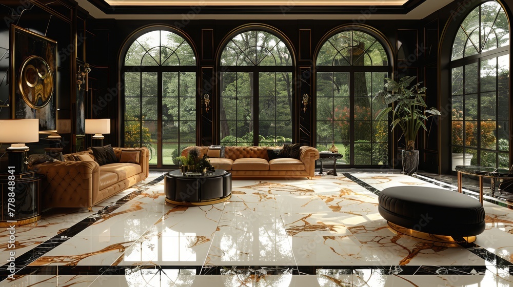 Living room with plentiful furniture, chandelier over black and gold marble floor Living room with plentiful furniture, chandelier over black and gold marble floor