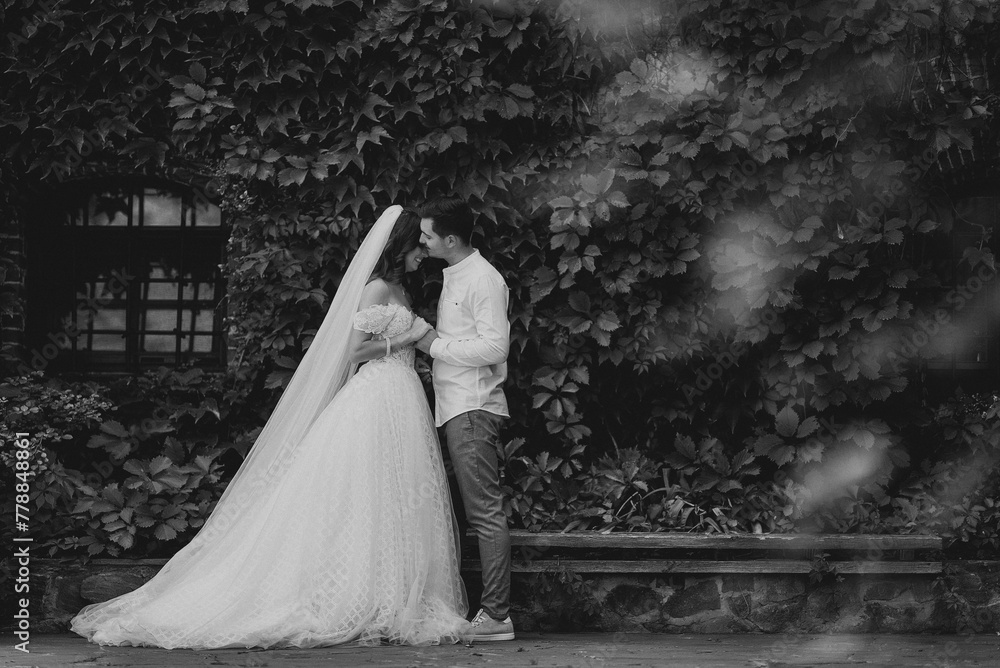 Newlyweds in wedding clothes kiss behind a wall of leaves Newlyweds in wedding clothes kiss behind a wall of leaves