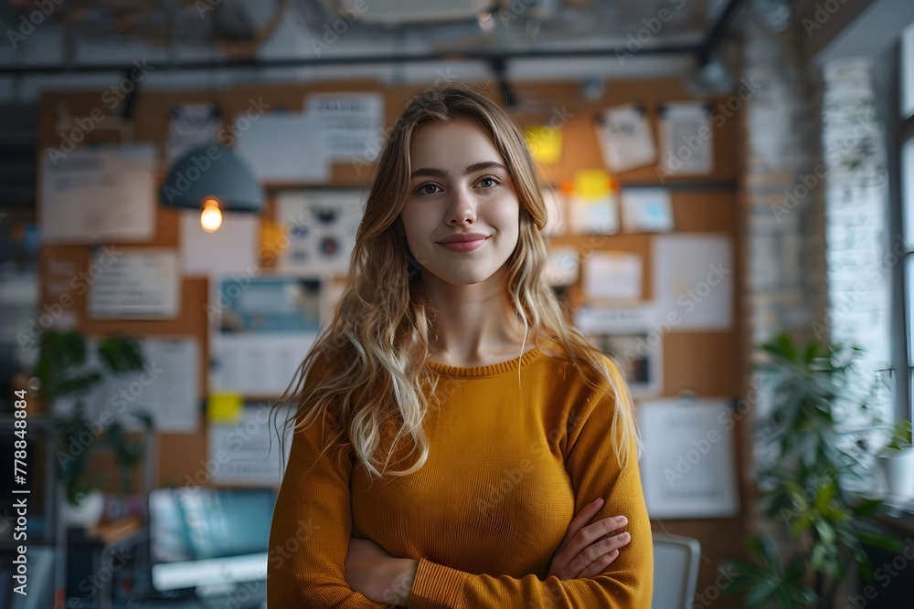Cheerful Young Businesswoman Smiling at in Cozy Modern Office Environment Cheerful Young Businesswoman Smiling at in Cozy Modern Office Environment