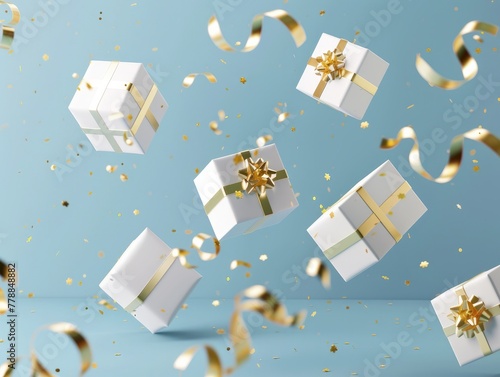 Flying white gift boxes with golden ribbons