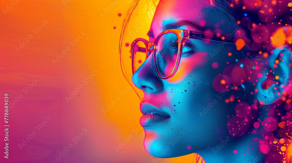 A woman with colorful glasses and a colorful background. The woman is smiling and looking at the camera. banner graphic, one profile face, inspired by innovation, higher education, with bright colors
