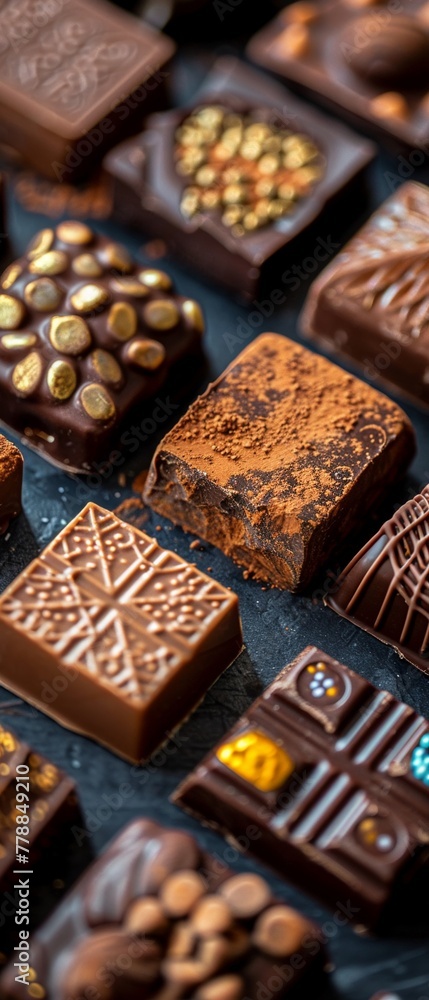 Artisan chocolate pieces with intricate designs close up Artisan chocolate pieces with intricate designs close up