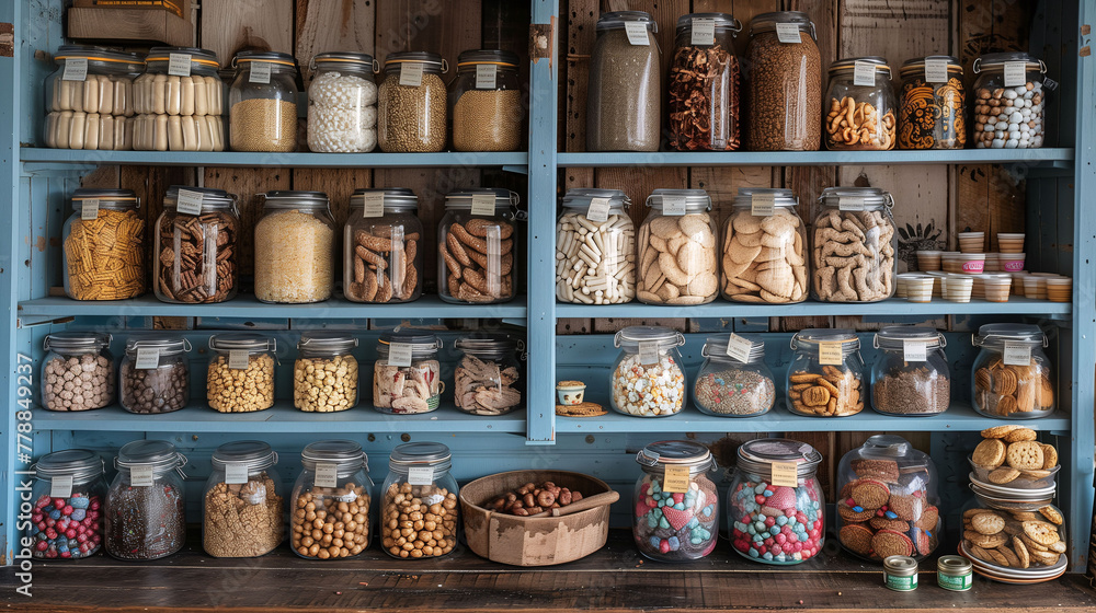 Rustic pantry shelves stocked with various glass jars filled with pasta, grains, legumes, and cookies, showcasing an organized and aesthetic food storage solution.