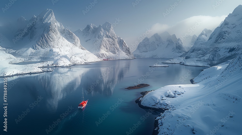   A small boat floats amidst a vast expanse of water, encircled by snowy peaks and frozen waves