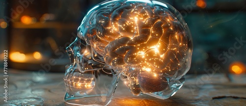 Brain sections within a crystal clear glass skull neural pathways illuminated