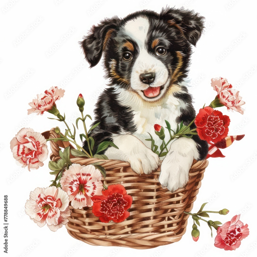 cute Border Collie puppy with a basket full of carnation flowers 1960s vintage watercolor