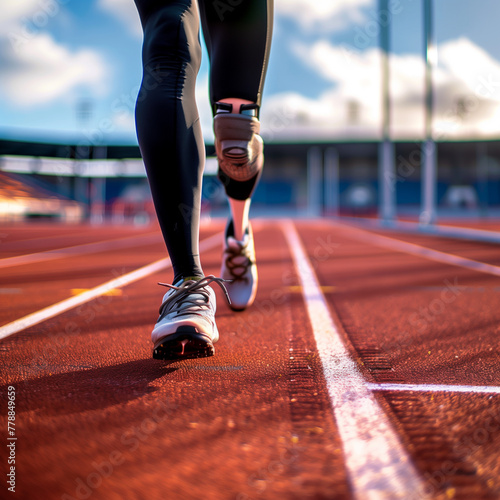 An athletics track , Paralympic athlete with a leg prosthesis, ready to run © ramona