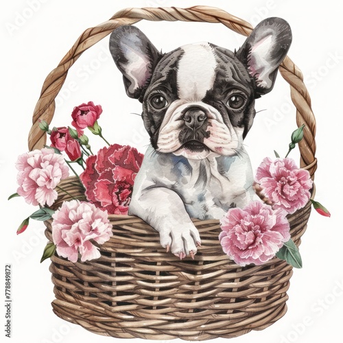 cute French Bulldog puppy with a basket full of carnation flowers 1960s vintage watercolor	