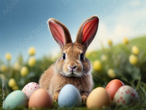 Easter Bunny with Colorful Eggs in Spring Basket