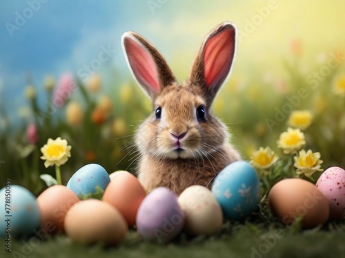 Easter Bunny Surrounded by Colorful Eggs