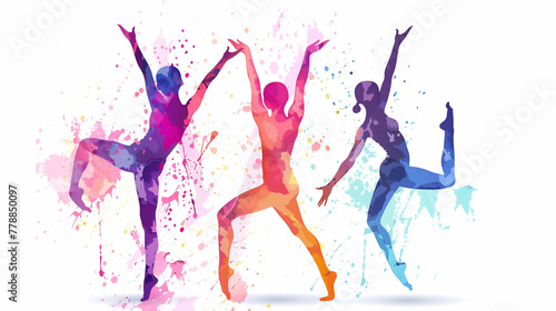 Yoga fitness practise with physical postures exercise for wellness health and meditation shown in a colourful abstract watercolour painting for use as a poster or flyer, stock illustration image photo