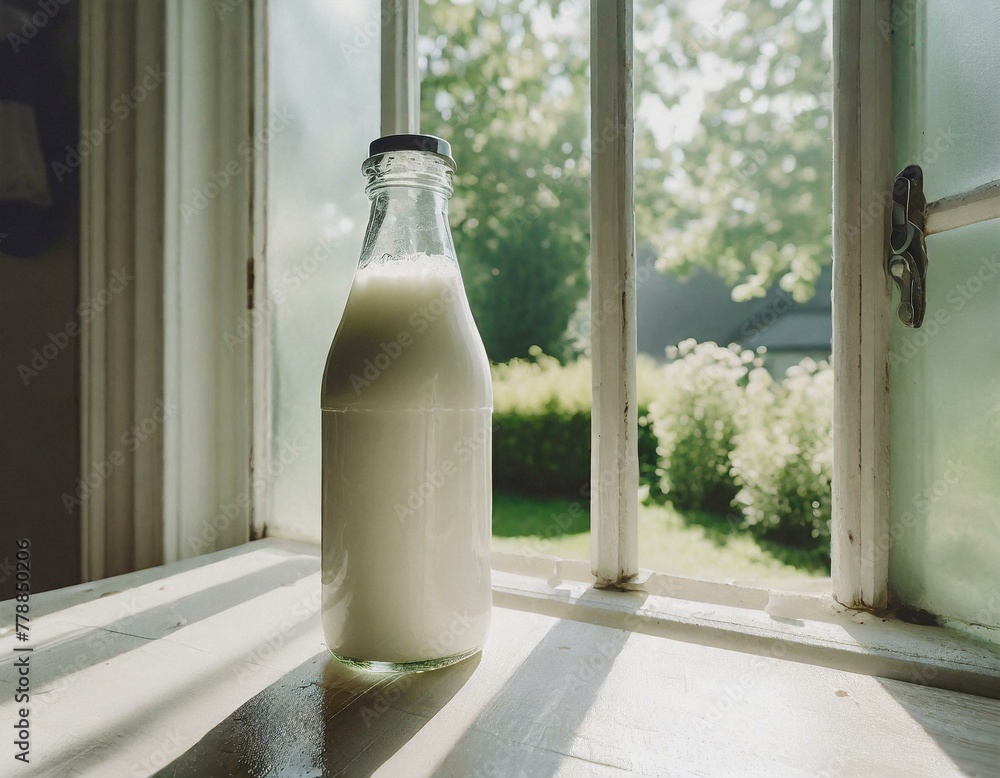 A dew-covered bottle of milk retrieved from an icebox on a sweltering summer day, set on a kitchen table with open windows showing a bright, sunny garden outside - obrazy, fototapety, plakaty 