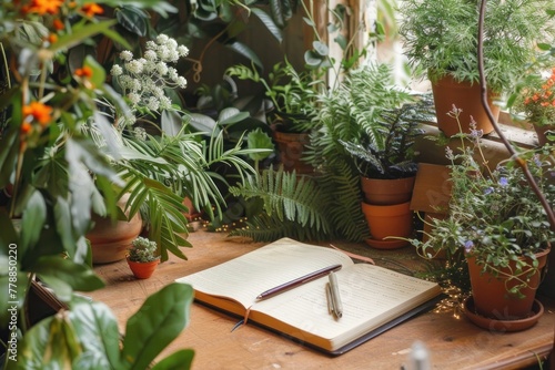 Workspace with notebook and pen on wooden table in front of window with lush potted plants, natural light streaming in