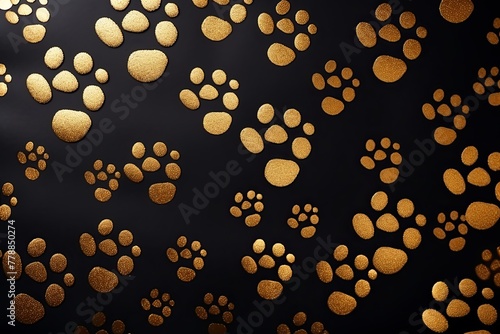 Gold paw prints on a background, minimalist backdrop pattern with copy space for design or photo, animal pet cute surface 