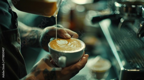 Barista showing his skill for making the latte art. Selective focus