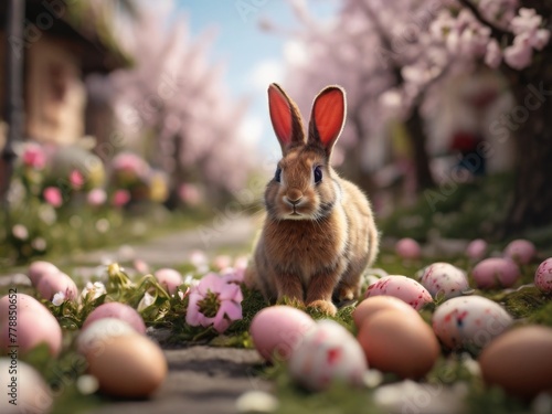 Easter Bunny surrounded by colorful eggs in a grassy field
