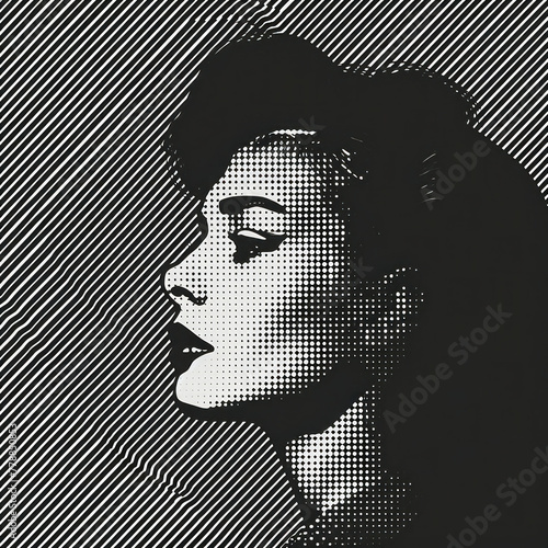 Monochrome Halftone Portrait of a Woman's Face on Abstract Black and White Background