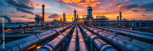 Industrial refinery at sunrise with smokestacks and pipelines. Environmental impact and energy industry concept. Design for report on energy, environmental brochure, oil and gas industry background
