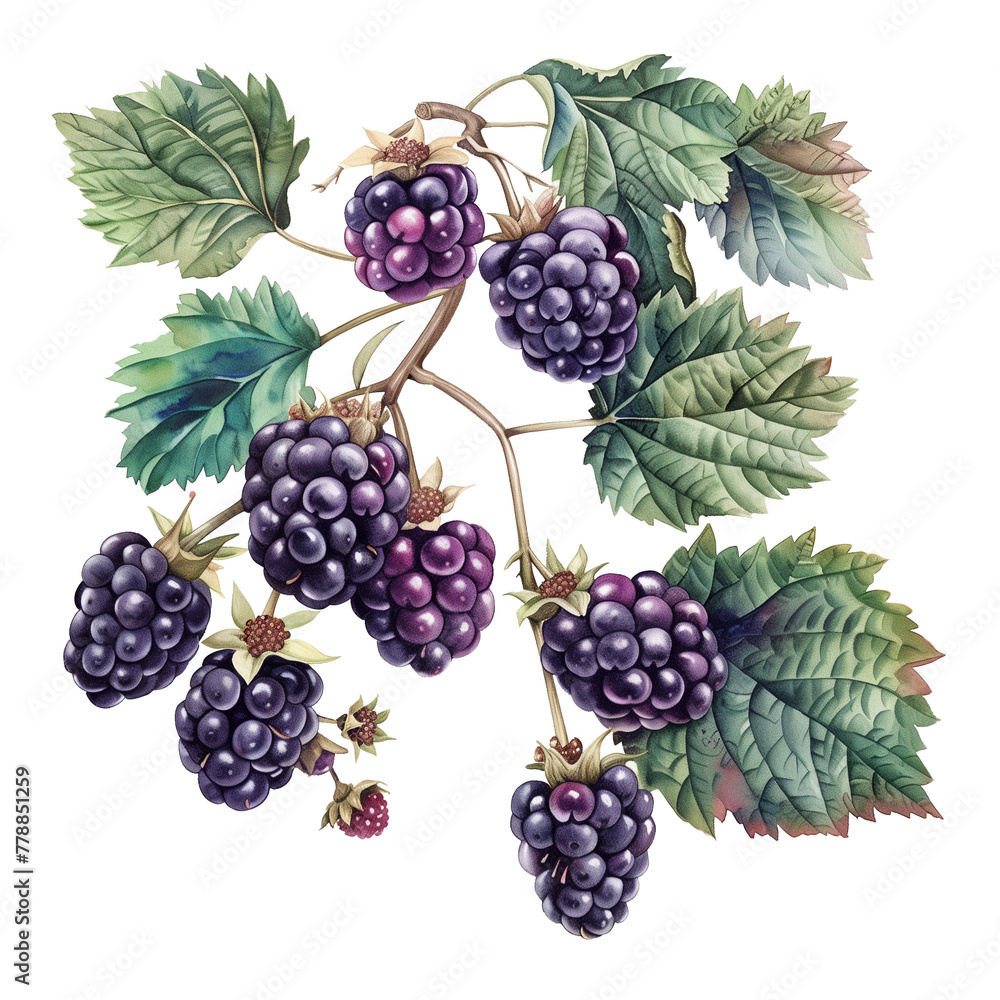 Fototapeta premium Blackberry, Watercolor illustration, Morus nigra, Fruit, Food